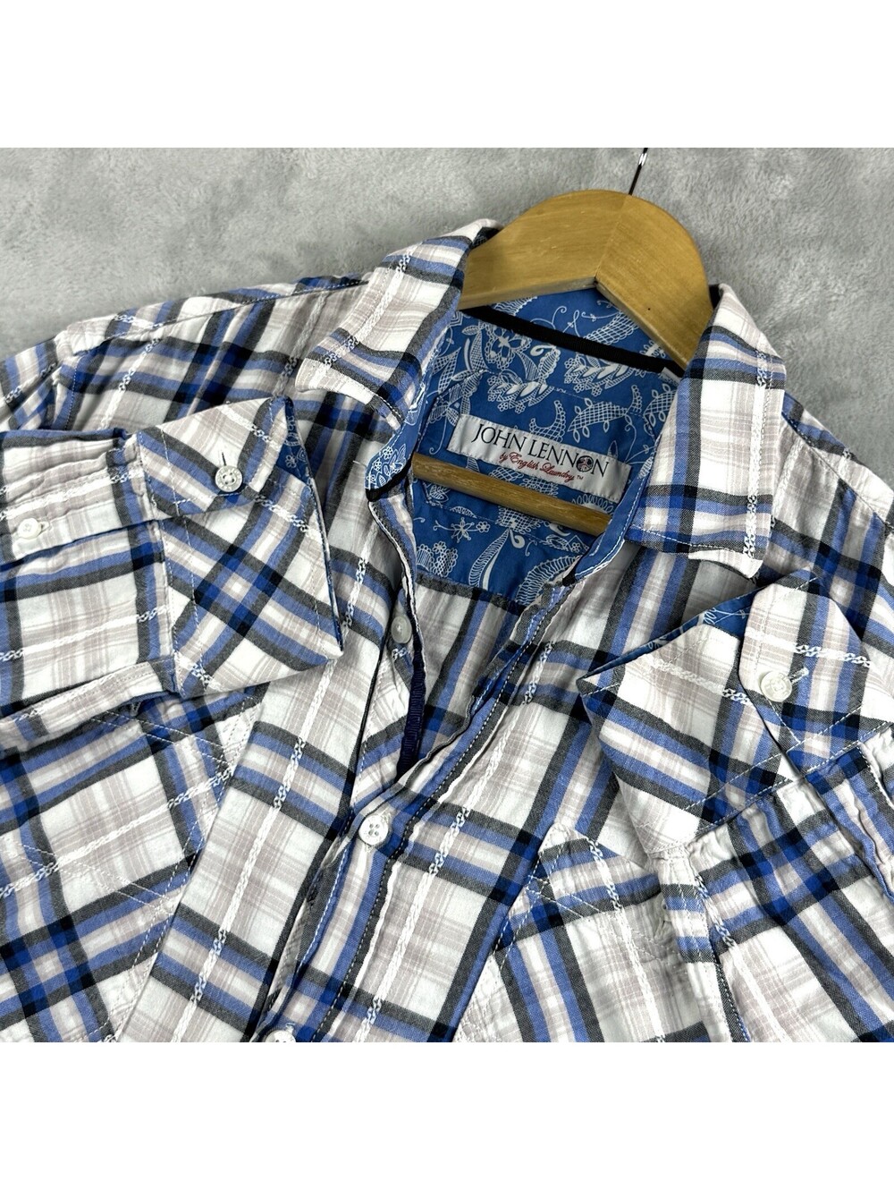 John Lennon English Laundry Plaid Button Up Shirt Men L Soft England Flag Preppy
